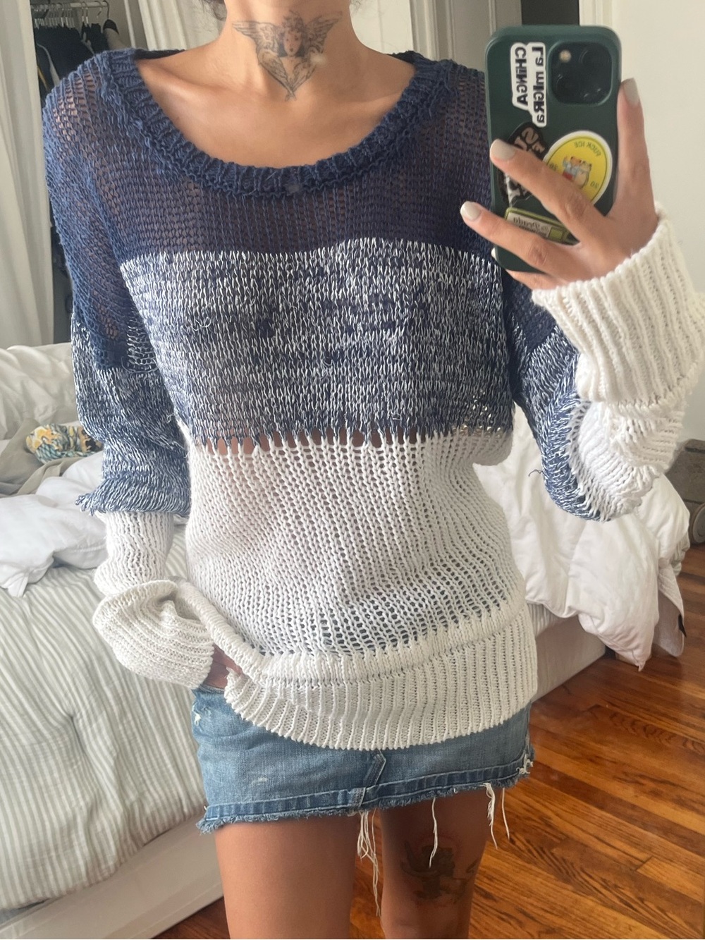 Just Cavalli Linen Blend Navy & Cream Open-Knit Crewneck Sweater
